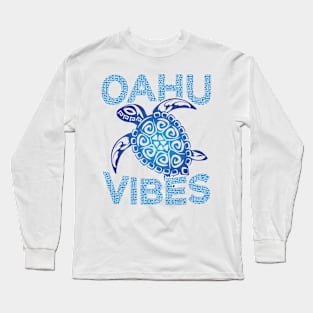 Polynesian Blue Tribal Sea Turtle Oahu Vibes Hawaii Vacation Long Sleeve T-Shirt